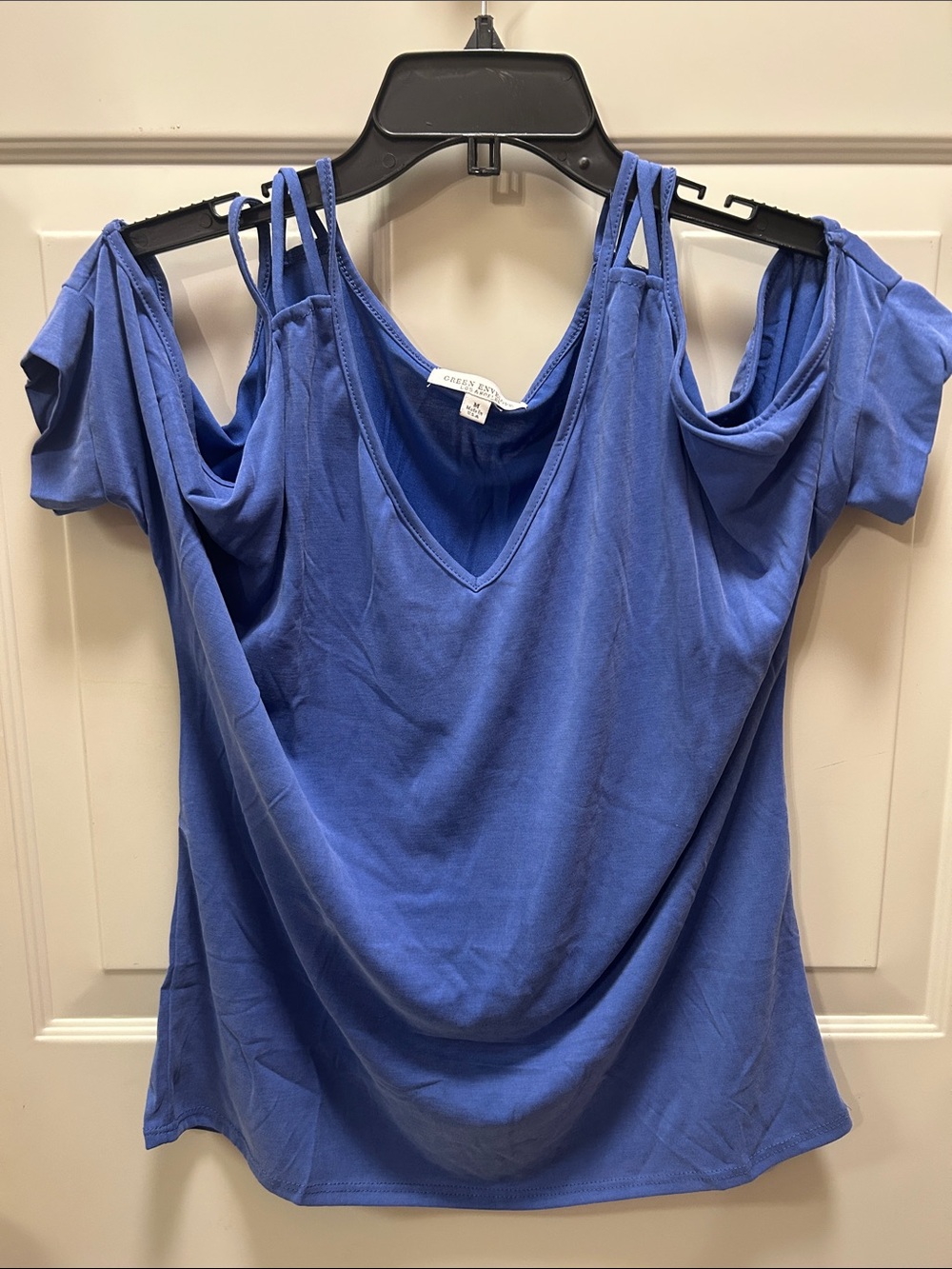 Green Envelope Blue Cold-Shoulder V-Neck Top